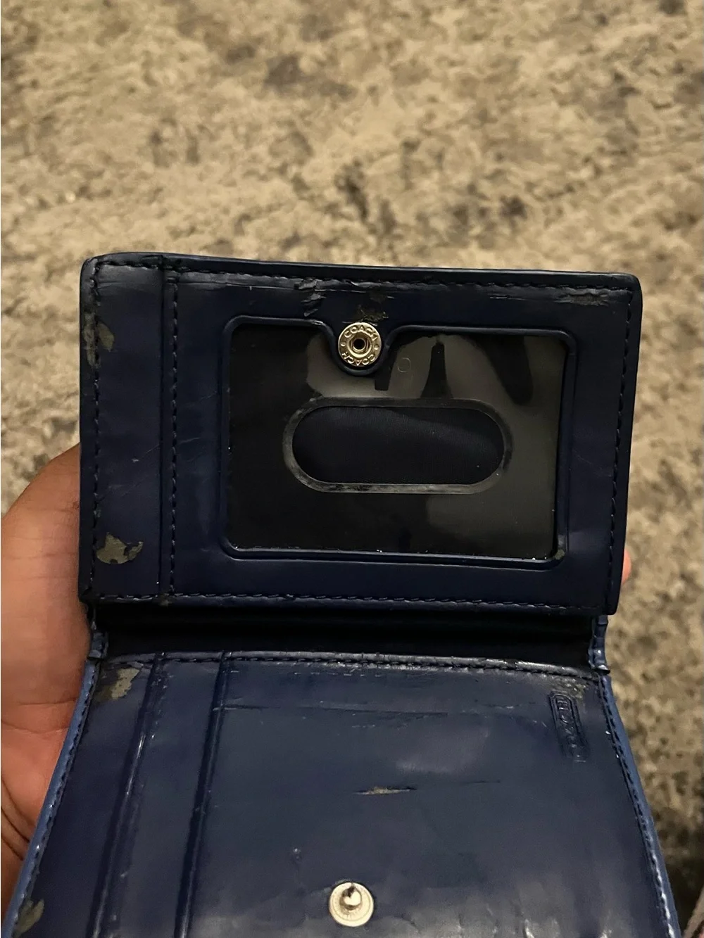COACH Patent Leather Card Holder in Deep Blue with Heart Emblem
